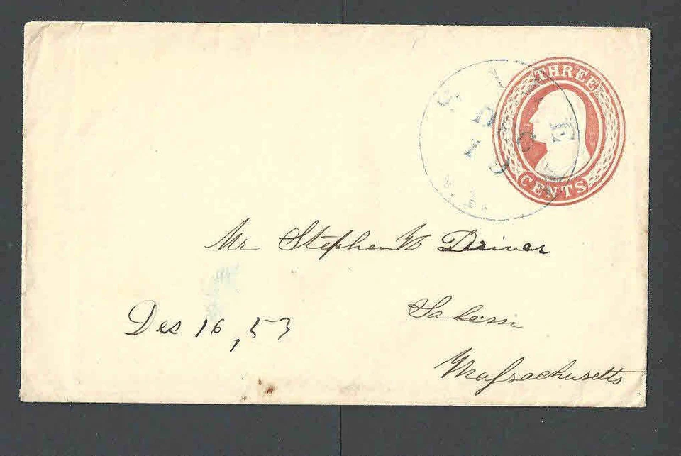 1853 U1 Used Entire 3c Red On White Die 1 Size 4 Blue Cancel - Image 1 of 1
