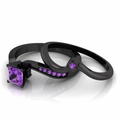 Conjunto de alianza de boda de amatista simulada princesa de 0,75 quilates enchapada en oro negro de 14 quilates Foto 1 de 4