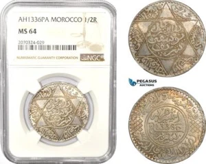 AD972, Morocco, Yusuf, 1/2 Rial AH1336­-Pa (1918) Paris, Silver, NGC MS64 - Picture 1 of 1