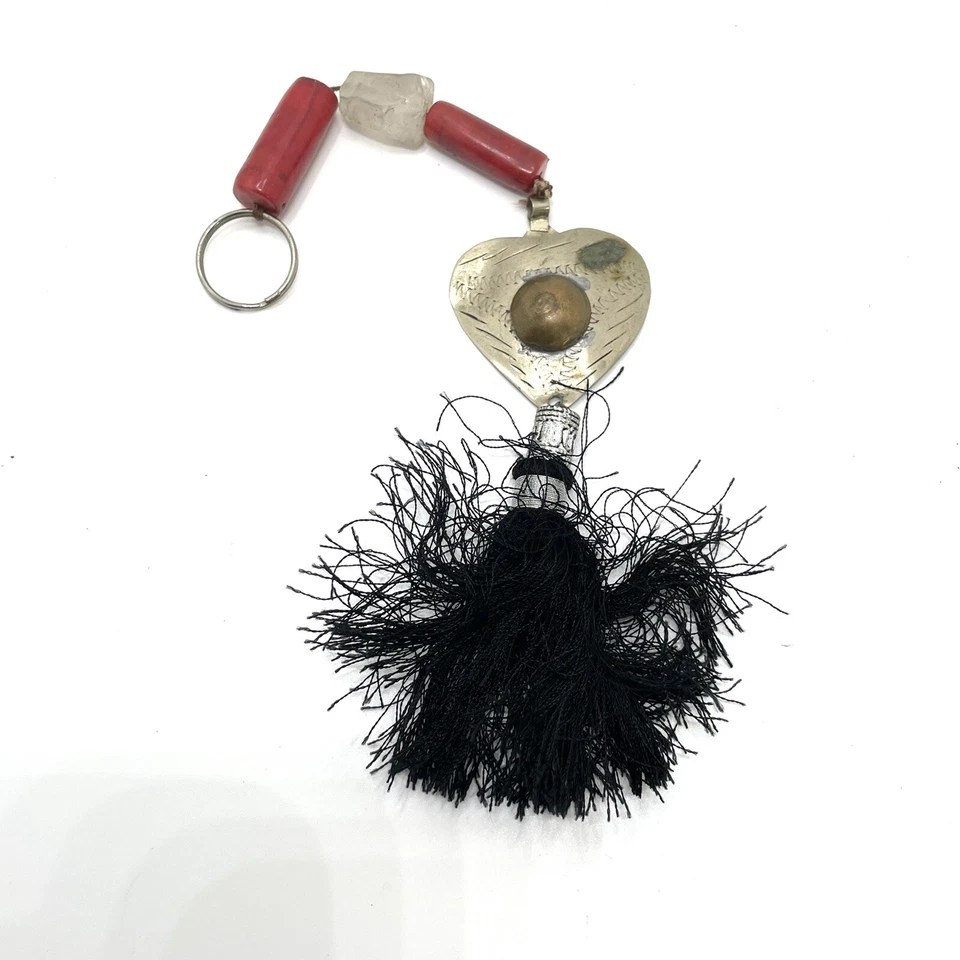 Llavero vintage años 80 corazón borla llavero negro rojo plata Foto 1 de 4