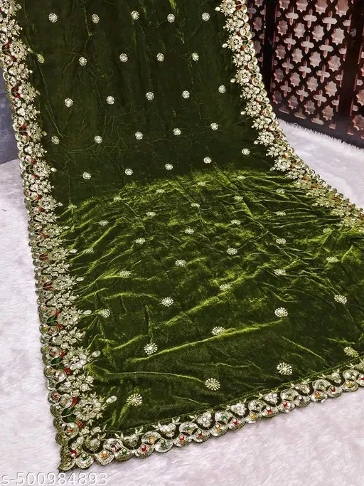 Green Heavy Embroidery Velvet Dupatta For Bride And Women 2.3 Mtr  - Image 1 of 3