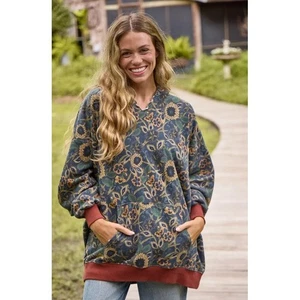 Felpa con cappuccio donna Natural Life oversize stampata taglia S/M dalie marrone navy nuova senza etichette - Foto 1 di 7