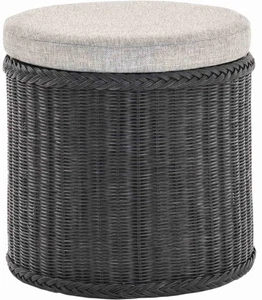 Rattan Wäschekorb -Truhe gepolsterter Sitz Wäschesammler Natur (Schwarz, Rund) - Bild 1 von 7