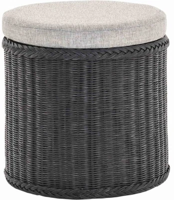 Rattan Wäschekorb -Truhe gepolsterter Sitz Wäschesammler Natur (Schwarz, Rund) - Bild 1 von 4