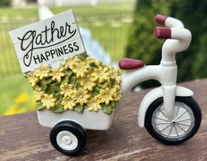 Vintage 2019 Deb Strain Ceramic Tricycle Yellow Flower Wagon Gather Happiness - Picture 1 of 8