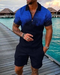 2Pcs Outfits For Men, Casual Short Sleeve Lapel Shirt And Drawstring Shorts Set. - Picture 1 of 1