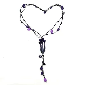 Collar de cuerda de algodón ágata-amatista de lluvia pétalo púrpura - Imagen 1 de 3