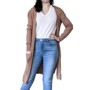 Neu ohne Etikett! SO langer Rippstrick Cardigan mit offener Front und Taschen Gr. S - camel hellbraun - Bild 1 von 11