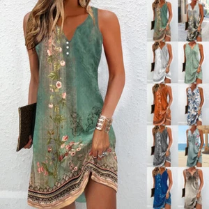 Women Summer Holiday Dress Ladies Boho Beach Button Floral Sun Dresses Size 6-20 - Picture 1 of 18