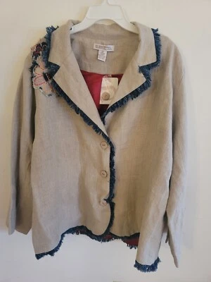Silhouettes Jacket Beige 100% Linen Floral Button Up Jacket Womens 24 NWT - Image 1 of 4