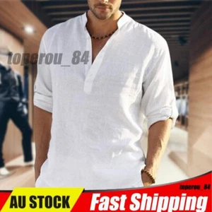 Mens Cotton Linen Long Sleeve Shirt Solid Loose Blouse Button Down Tops T-Shirts - Picture 1 of 29