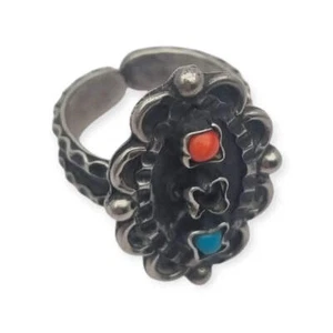 Anello stile Matilde Poulat in argento 925, Matl, con turchese, corallo e ame... - Foto 1 di 14
