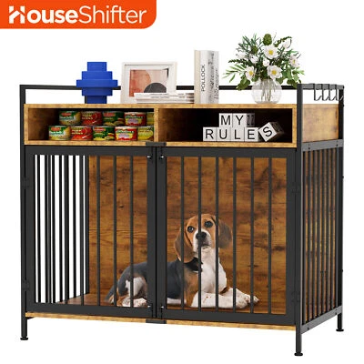 41" Iron Dog Crate Wooden Pet Kennel Brown Hutch Sturdy Rectangle Cage FREE HOOK - Image 1 of 4