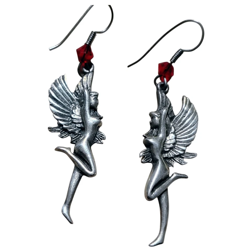 Danza de hadas 925 plata de ley facetada granate rojo, pendientes de gancho, alas de ángel  Foto 1 de 2
