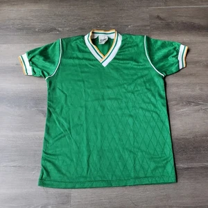 VTG 70s Score Emerald Green Soccer Jersey 11 Sz YL YOUTH Large VNeck USA STAINS - Picture 1 of 18