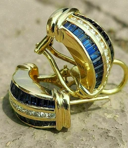 14K Yellow Gold Plated 3Ct Baguette Sapphire & Lab Created Diamond Hoop Earrings - Picture 1 of 5