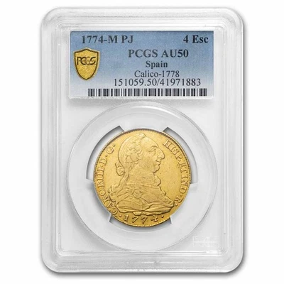 1774-M PJ 西班牙金 4 Escudos Charles III AU-50 PCGS — 第 1/3 张图片