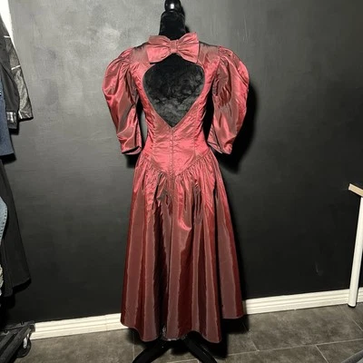 80’s Burgundy Bow Gothic Prom Dress sz L - Image 1 of 4