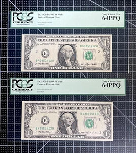 (2) Fr 1920 B 1993 $1 FRN New York WEB Note Consecutive SN PCGS 64PPQ - Picture 1 of 2