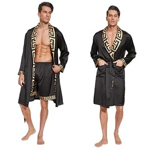 N&D Eyong Men's Luxurious Silk Feeling Bathrobes Long Sleeve Satin Kimono Robe  - Picture 1 of 7