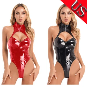 Womens Sleeveless Bodysuit Costume Wet Look Cutout Catsuit Nightwear  Leotard - Picture 1 of 37