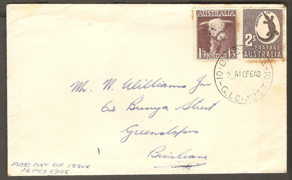 1948 Australia 2/- Bull & 1'3 Crocodile Registered FDC Cover BRISBANE CDS TONING - Image 1 of 1