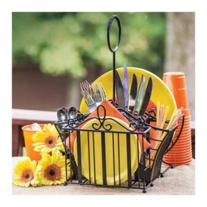 Tragbare Schmiedeeisen Utensilien Caddy 3 Artikel Set Besteck Serviette & Teller - Bild 1 von 8