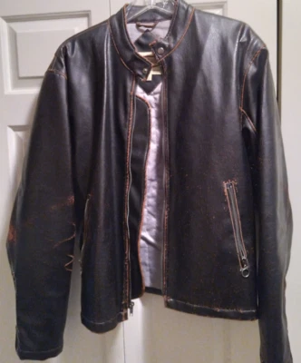BC Ethic Mens Cafe Racer Motorcycle Jacket Brown Zip Distressed Faux Leather - Image 1 of 3