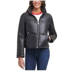 NWT Levi's Women's Faux Leather Full Zip Puffer Jacket Black Size XS $200 EE055 - Picture 1 of 3