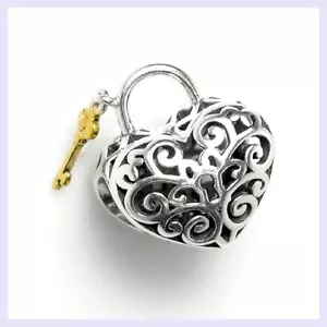 Sterling Silver Heart Lock Gold Key Valentine Bead for European Charm Bracelet - Picture 1 of 1