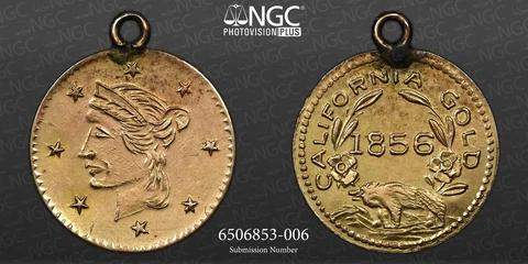 1856 CALIFORNIA GOLD LIBERTY - 8 STARS / NGC UNC / POP 1 / Nuggets, Bullion Cover