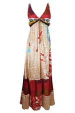 Womens Deep V Maxidress, Fall Maxi Dress, Red Peach Euphoria Recycled Silk S/M