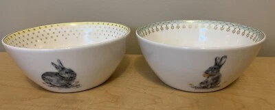 Set Of 2 Spode MEADOW LANE Fine Porcelain 6 Inch Cereal Bowls Bunny Rabbit Gold - Image 1 of 4