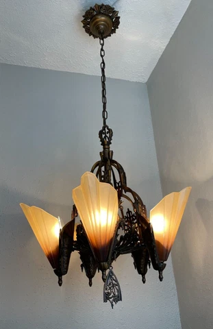1930s Solid Bronze Art Deco 5 Light Slip Shade Hanging Fixture #3 Cover