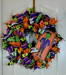 Handmade Halloween Frankenstein Wreath w/ Colorful Ribbons, 22" Across - Picture 1 of 3