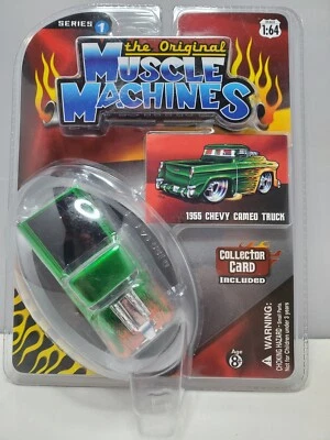Muscle Machines 1955 Chevy Cameo Truck Green/Orange Flames Diecast 1:64 Scale - Image 1 of 4
