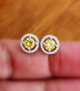 2Ct Round Yellow Citrine Solitaire Lab-Created Earrings 14K Two Micro White Gold