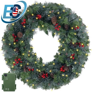 24in Pre-Lit Christmas Wreath Garland Decor for Home Front Door Wall Hanging - Picture 1 of 12