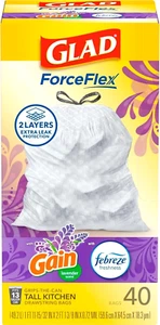 Glad ForceFlex Tall Kitchen Trash Bags, 13 Gal, Gain Lavender with Febreze, 40 C - Picture 1 of 7