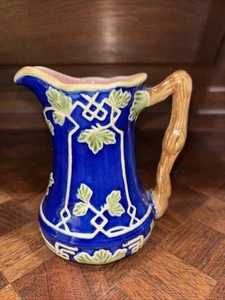 Majolica Cobalt Blue Creamer J Willfred Ivy Pink Interior 5" Faux Bois Handle - Picture 1 of 6