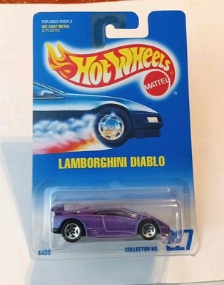 Tarjeta Hot Wheels 1991 azul/blanca #227 Lamborghini Diablo púrpura con cromo 5 radios Foto 1 de 4