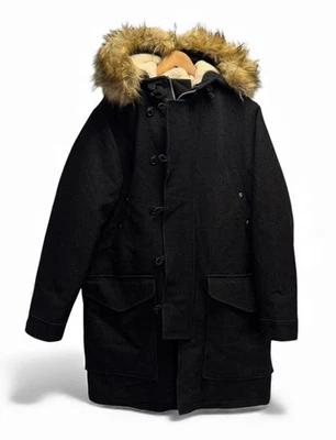 Wallace & Barnes J. Crew Mens Medium Black Fur Hooded Military Parka Coat Jacket - Image 1 of 4