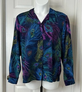 Alfred Dunner Shirt Damen 16 Mehrfarbig Pfauenfedern Knopfleiste Bluse Top - Bild 1 von 16