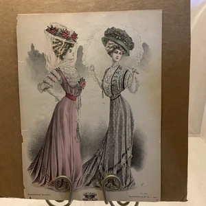 "Placa impresa de moda vintage antigua francesa coloreada a mano 1884🌟 1907 9,5"" x 12,5""" - Imagen 1 de 11