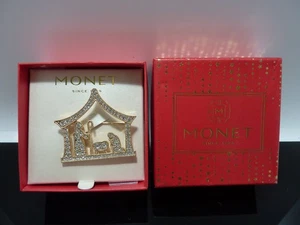Monet Weihnachten Brosche Anstecknadel Vintage Krippe Jesuskind Strass goldfarben NEU - Bild 1 von 3