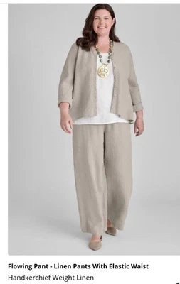 Flax Pants Womens Large Beige Linen Wide Leg Elastic Waist Summer Casual Pockets - Image 1 of 4