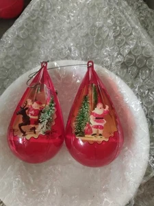 2 Vtg Jewelbrite Plastic Teardrop Ornaments W/ Santas Inside - Picture 1 of 3