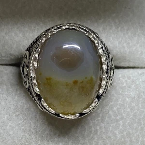 925 Sterling Silver Men's Ring natural Yemeni agate aqeeq stone عقيق مصور - Picture 1 of 5