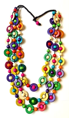 Gran Grueso Tribal Boho Multi Madera Cuentas Disco Bola Collar Hilo 38 Foto 1 de 4