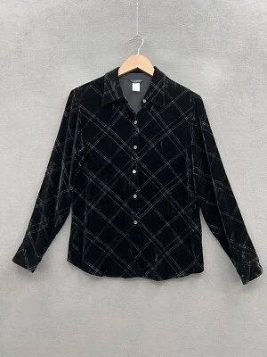 Top de mujer J Crew 8 negro de terciopelo con botones en la parte delantera manga larga Foto 1 de 4